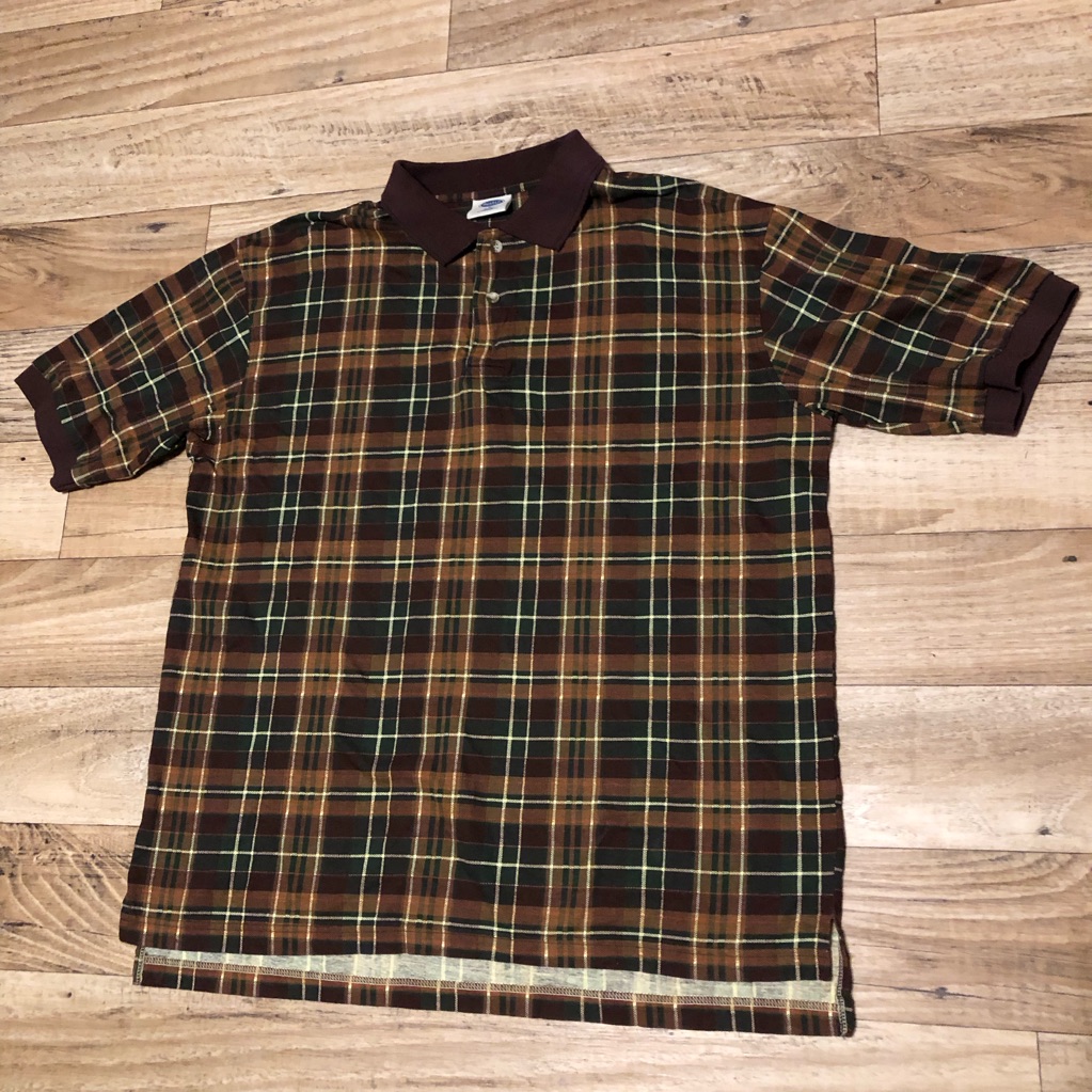 Vintage Austin Green N Brown Plaid Polo